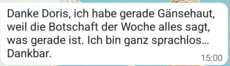 WhatsApp-Nachricht aus der Community: Ich habe gerade Gänsehaut, weil die Botschaft der Woche alles sagt, was gerade ist.